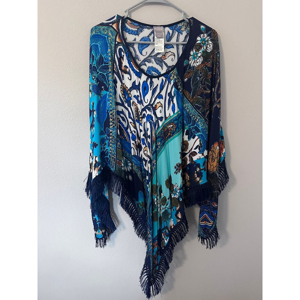 Chico's Poncho Top One Size Blue Floral Paisley Fringe Handkerchief Excellent